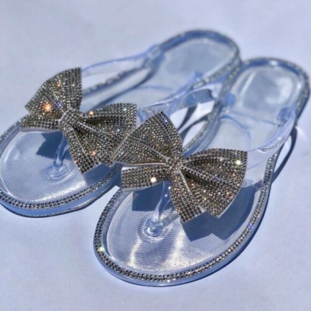 NEW Transparent Clear Thong Open Toe Rhinestone Bow Jelly Slide Sandal Flip Flop - Picture 3 of 3